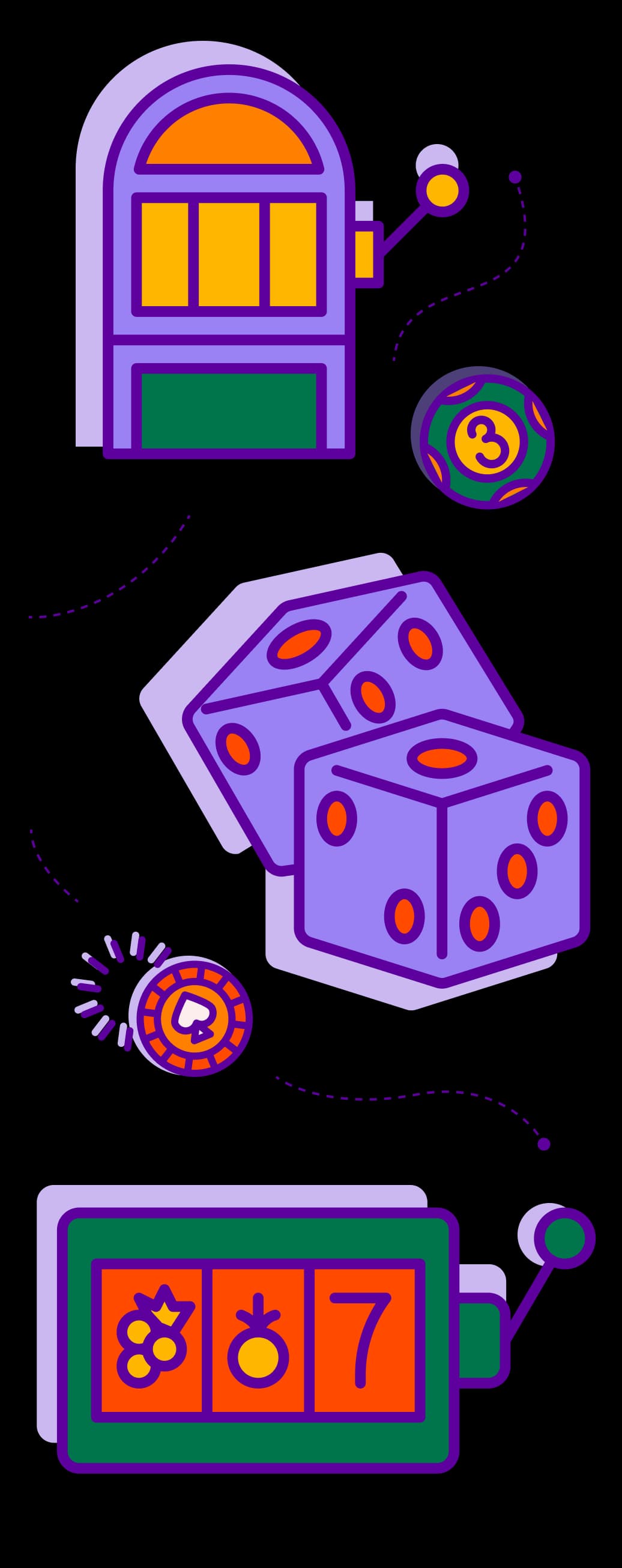 Bonus Gem branding: playing card, dice, and machine slots